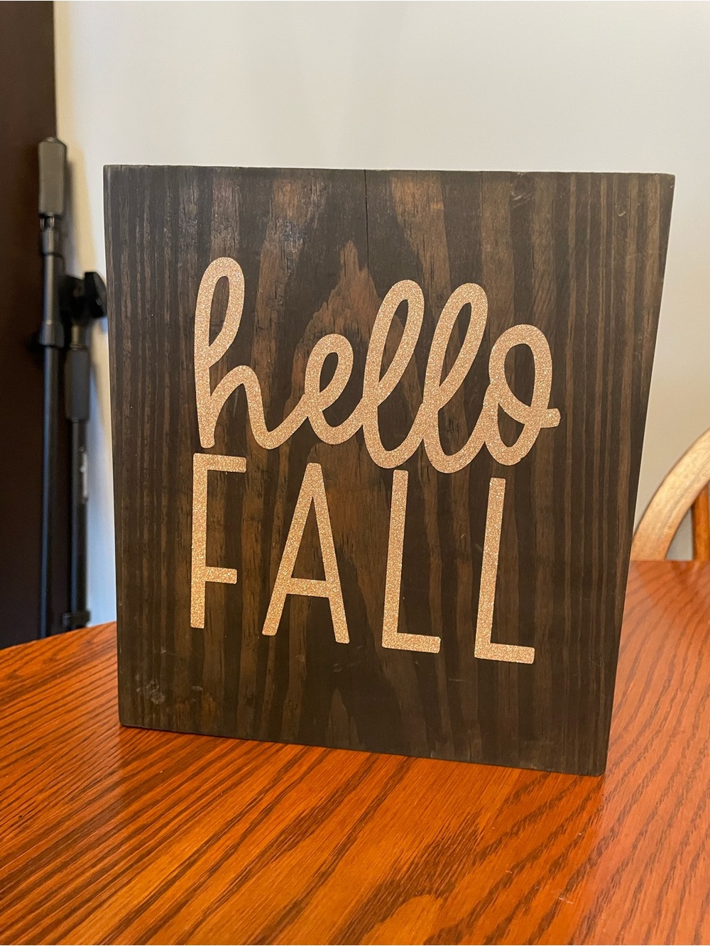 Hello Fall Wooden Wood Sign - Dark Brown with Gold Lettering